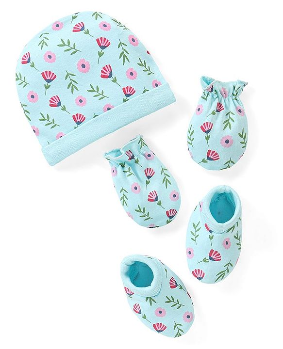 Babyhug 100% Cotton Cap Mittens & Booties Set Floral Print - Blue