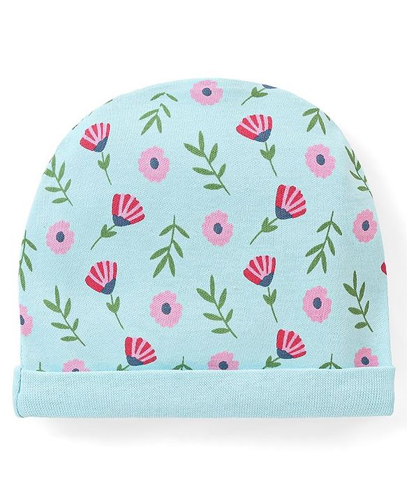 Babyhug 100% Cotton Cap Mittens & Booties Set Floral Print - Blue