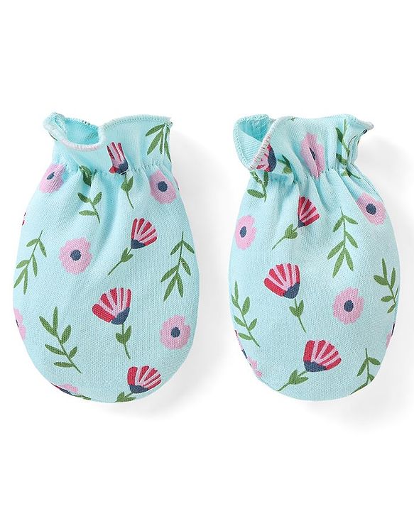 Babyhug 100% Cotton Cap Mittens & Booties Set Floral Print - Blue