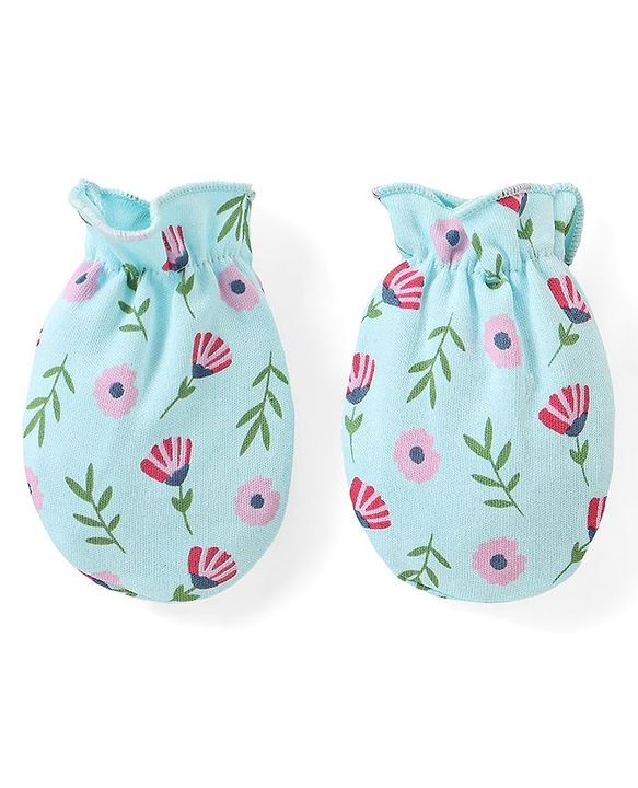 Babyhug 100% Cotton Cap Mittens & Booties Set Floral Print - Blue