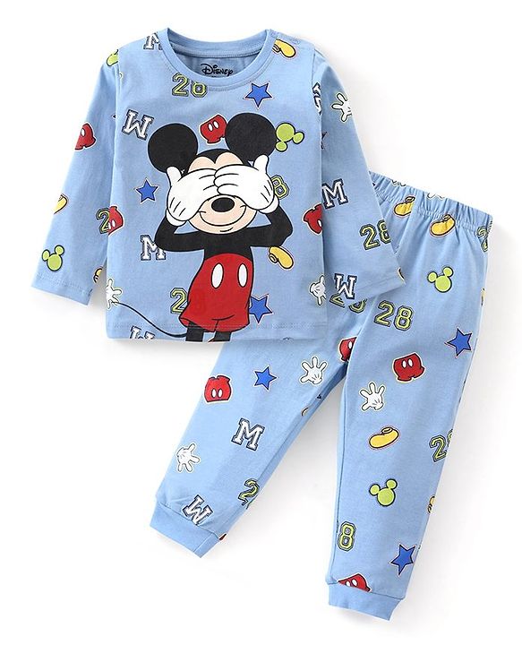 Babyhug Disney Single Jersey Knit Full Sleeves Night Suit with Mickey Mouse Graphics - Light Blue