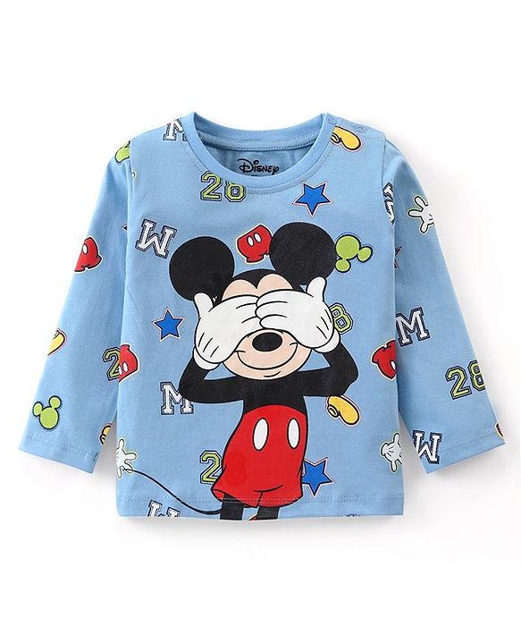 Babyhug Disney Single Jersey Knit Full Sleeves Night Suit with Mickey Mouse Graphics - Light Blue