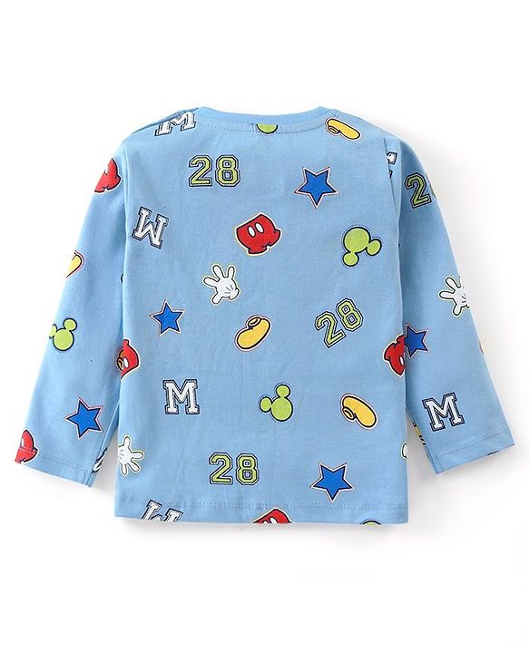 Babyhug Disney Single Jersey Knit Full Sleeves Night Suit with Mickey Mouse Graphics - Light Blue