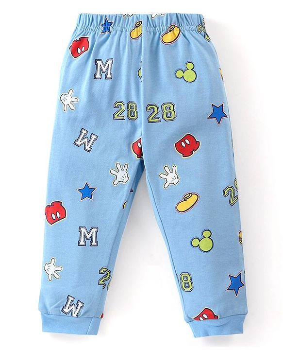 Babyhug Disney Single Jersey Knit Full Sleeves Night Suit with Mickey Mouse Graphics - Light Blue