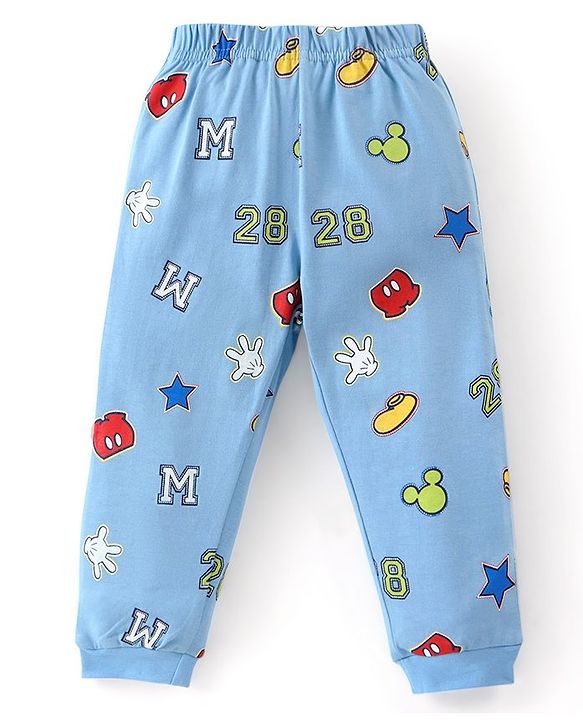 Babyhug Disney Single Jersey Knit Full Sleeves Night Suit with Mickey Mouse Graphics - Light Blue