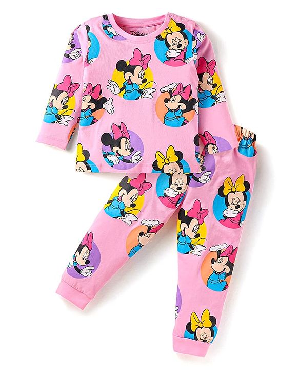 Babyhug Disney Single Jersey Knit Full Sleeves Minnie Mouse Printed Night Suit - Pink