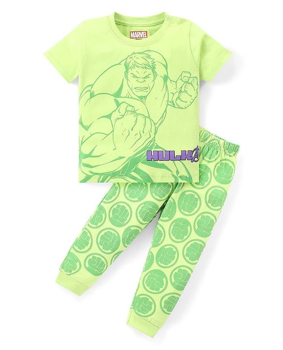 Babyhug Marvel Single Jersey Knit  Half Sleeves Night Suit with Hulk Graphics -Light Green