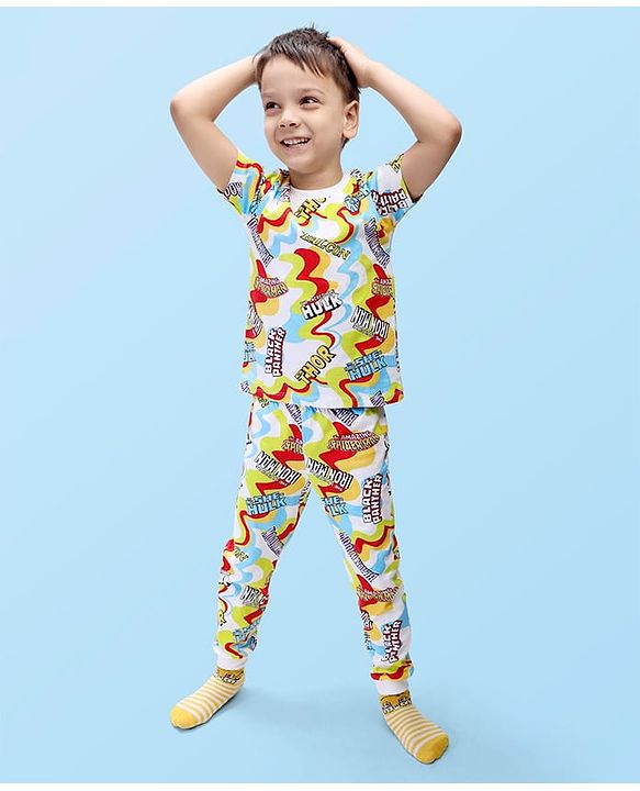 Babyhug Marvel Single Jersey Knit Half Sleeves Night Suit with Avengers Print - Multicolor