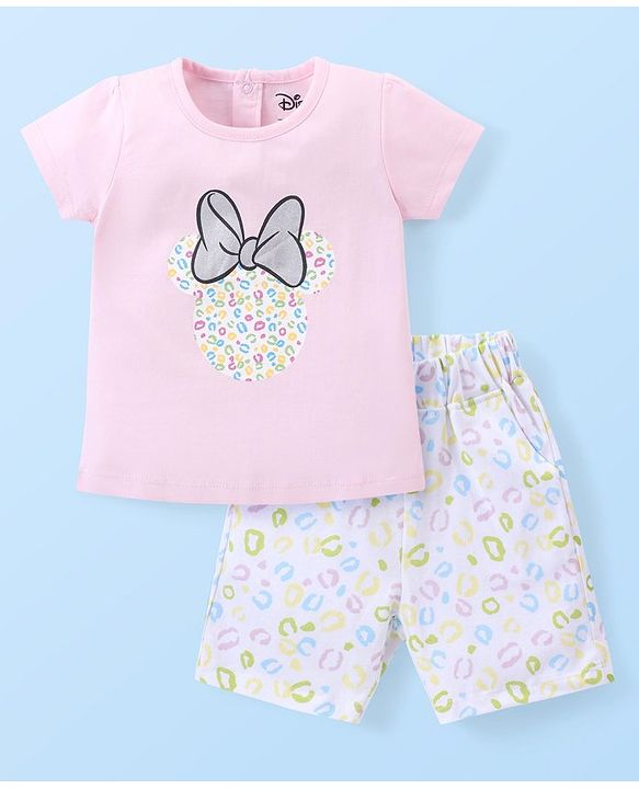 Babyhug Disney Single Jersey Knit Half Sleeves Night Suit With Foil Print & Minnie Mouse Graphics - Pink
