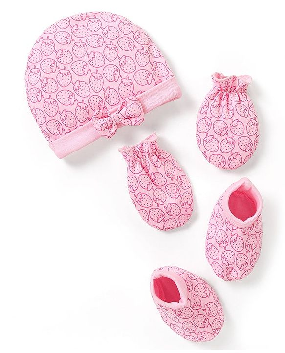 Babyhug 100% Cotton Cap Mittens & Booties Set Strawberry Print - Pink