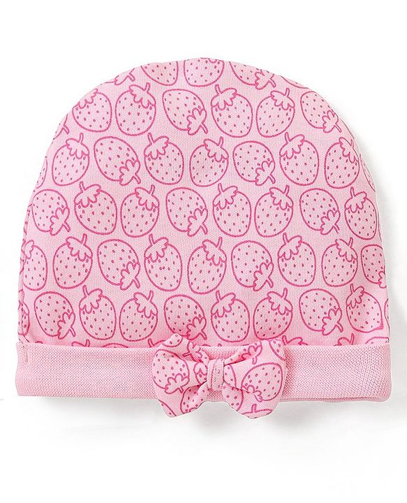 Babyhug 100% Cotton Cap Mittens & Booties Set Strawberry Print - Pink