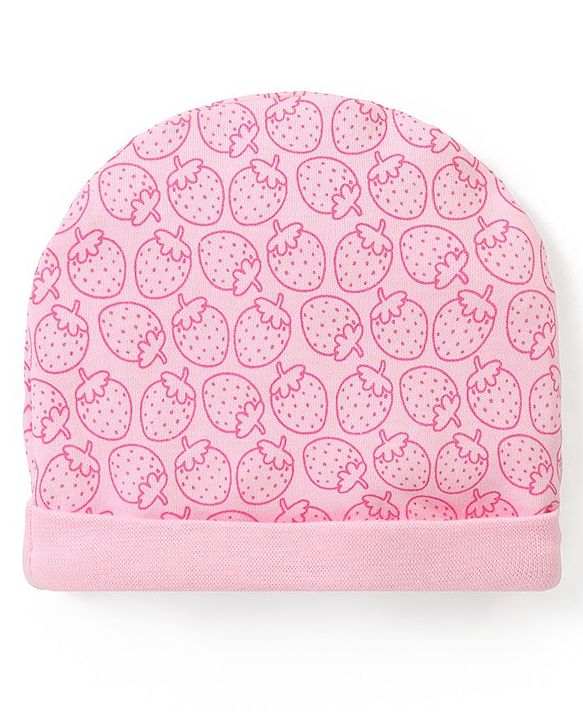 Babyhug 100% Cotton Cap Mittens & Booties Set Strawberry Print - Pink