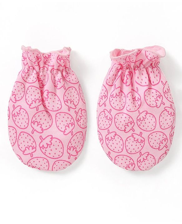 Babyhug 100% Cotton Cap Mittens & Booties Set Strawberry Print - Pink