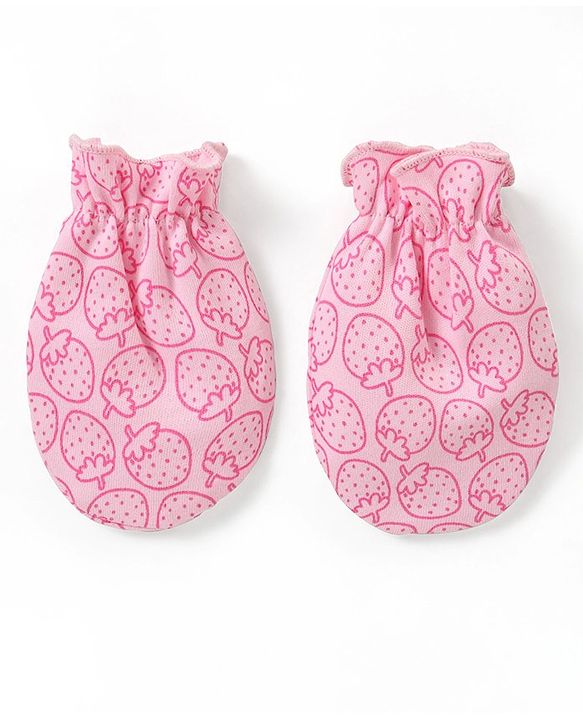 Babyhug 100% Cotton Cap Mittens & Booties Set Strawberry Print - Pink