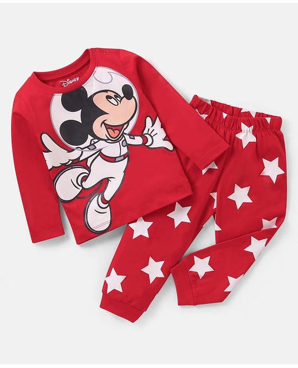 Babyhug Disney Single Jersey Knit  Full Sleeve Night Suit with Mickey Mouse Graphics - Red