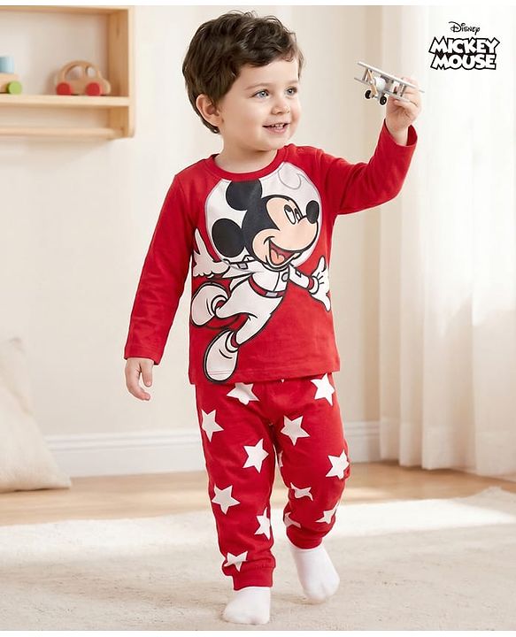 Babyhug Disney Single Jersey Knit  Full Sleeve Night Suit with Mickey Mouse Graphics - Red
