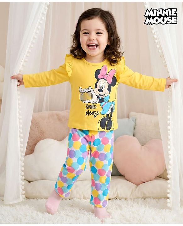 Babyhug Disney Single Jersey Knit Full Sleeves Night Suit with Frill Detailing & Minnie Mouse Graphics - Yellow