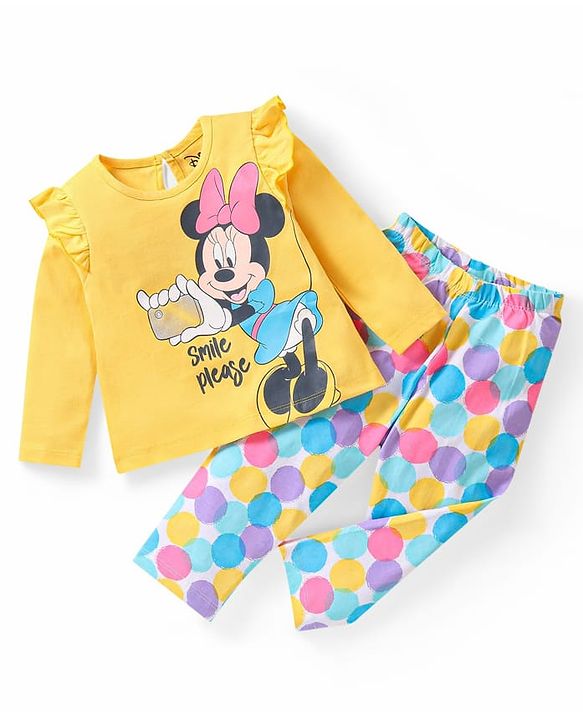 Babyhug Disney Single Jersey Knit Full Sleeves Night Suit with Frill Detailing & Minnie Mouse Graphics - Yellow