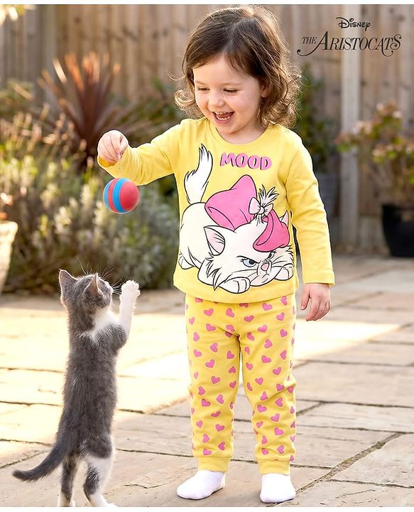 Babyhug Disney Single Jersey Knit  Full Sleeves Night Suit with Marie Graphics - Yellow