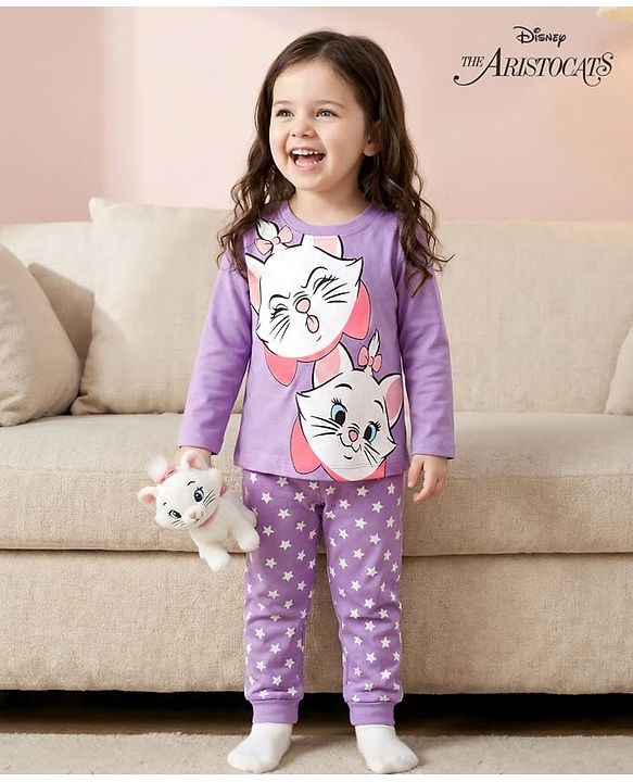 Babyhug Disney Cotton Knit Full Sleeves Night Suit With Marie Print - Purple