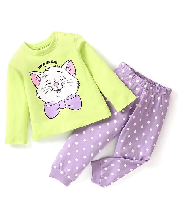 Babyhug Disney Single Jersey Full Sleeve Night Suit With Marie Graphics - Green & Purple