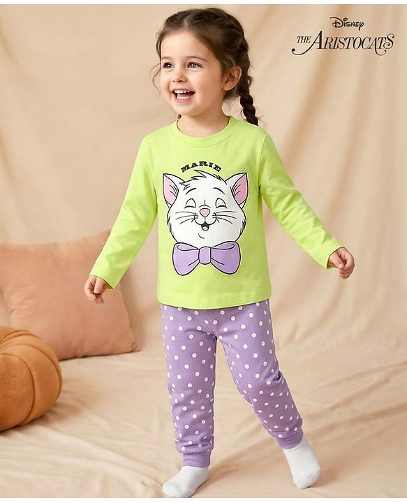 Babyhug Disney Single Jersey Full Sleeve Night Suit With Marie Graphics - Green & Purple