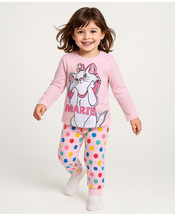 Babyhug Disney Single Jersey Knit Full Sleeves Night Suit with Marie Graphics - Pink