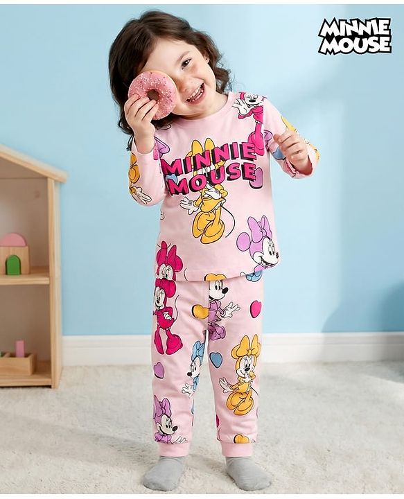 Babyhug Disney Single Jersey Knit Full Sleeves Night Suit with Minnie Mouse & Text  Graphics - Pink
