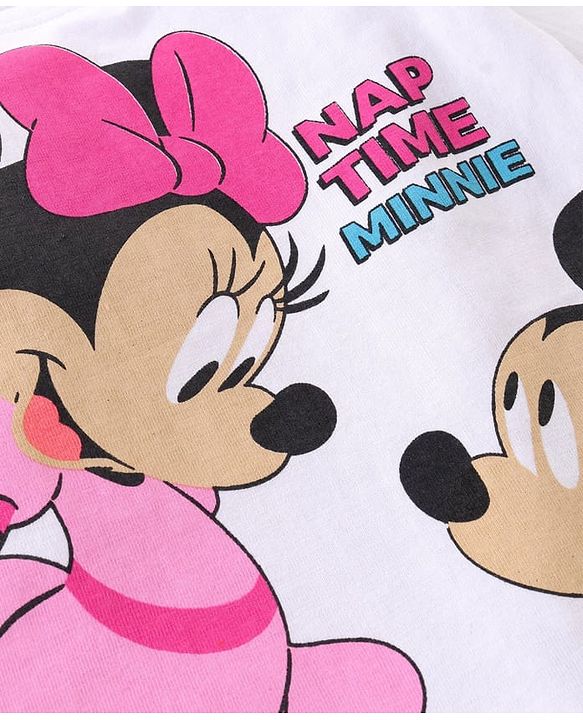 Babyhug Disney Cotton Full Sleeves Night Suit WIth Minnie And Mickey Mouse Print - White & Pink