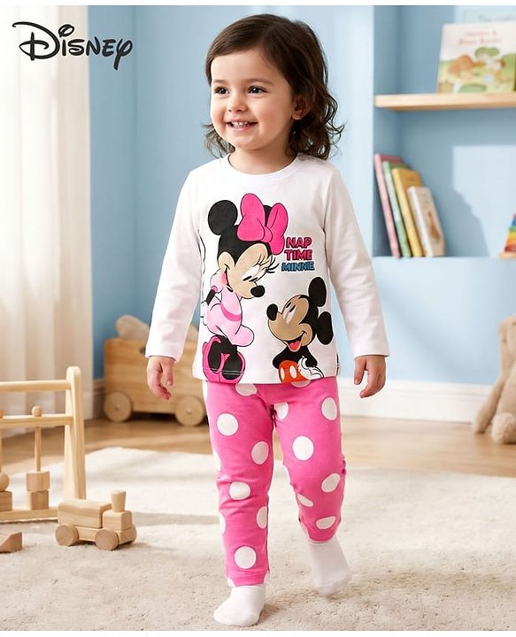 Babyhug Disney Cotton Full Sleeves Night Suit WIth Minnie And Mickey Mouse Print - White & Pink