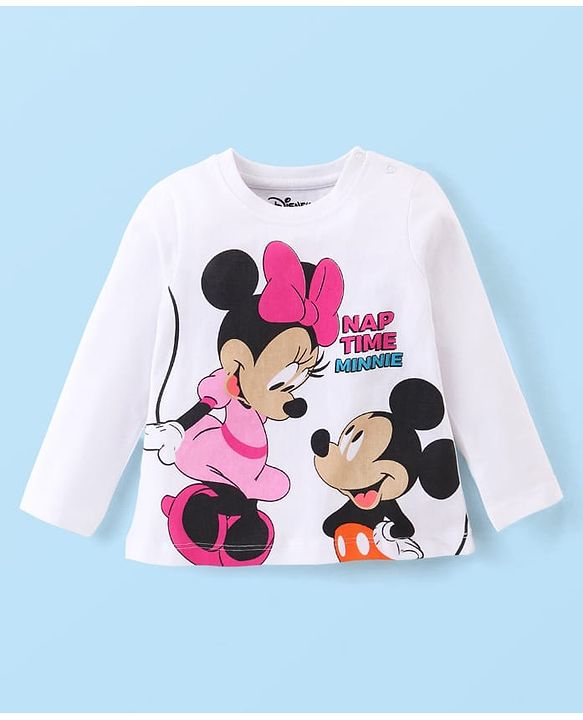 Babyhug Disney Cotton Full Sleeves Night Suit WIth Minnie And Mickey Mouse Print - White & Pink