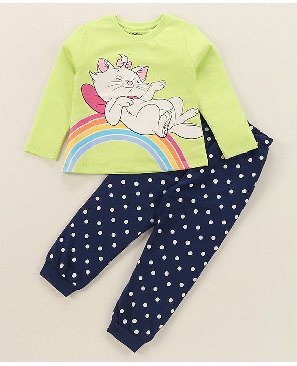 Babyhug Disney Single Jersey Full Sleeves Shorts Night Suit   With Marie Graphics - Multicolour