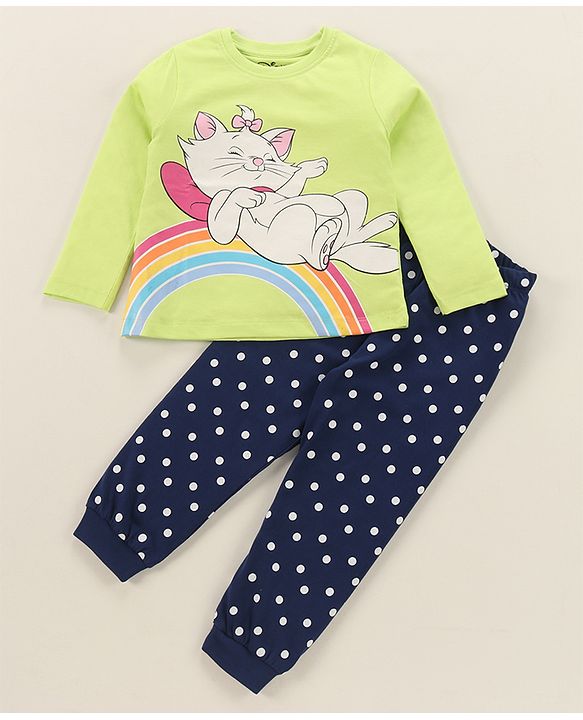 Babyhug Disney Single Jersey Full Sleeves Shorts Night Suit   With Marie Graphics - Multicolour