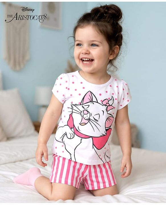 Babyhug Disney Cotton Knit Half Sleeves Night Suit With Marie Print - Multicolor