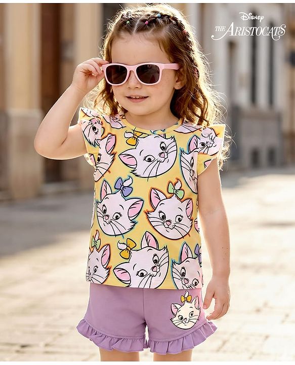 Babyhug Disney Cotton Knit Half Sleeves Top & Mid Length Shorts Set With Marie Graphics - Multicolor