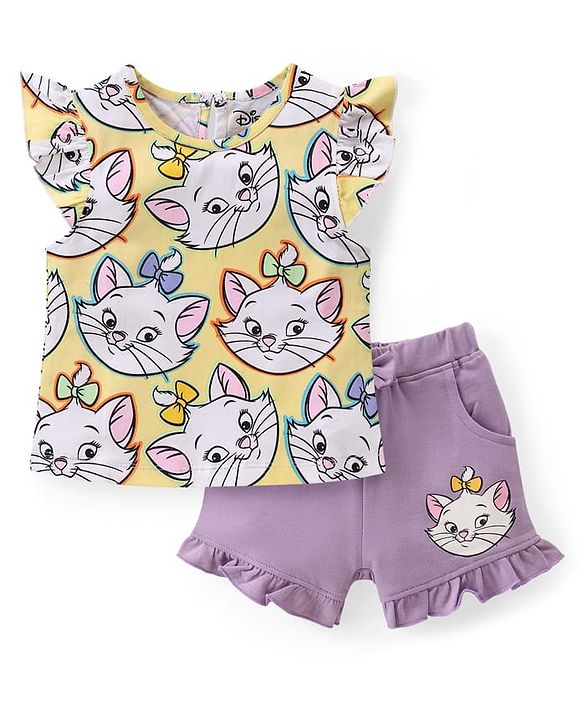 Babyhug Disney Cotton Knit Half Sleeves Top & Mid Length Shorts Set With Marie Graphics - Multicolor