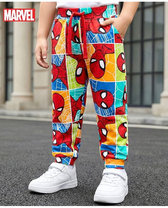 Babyhug Marvel Terry Knit Full Length Track Pant With Spider Man Print -Multicolour