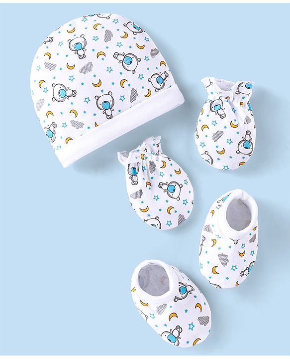 Babyhug 100% Cotton Cap Mittens & Booties Set Teddy Print - White