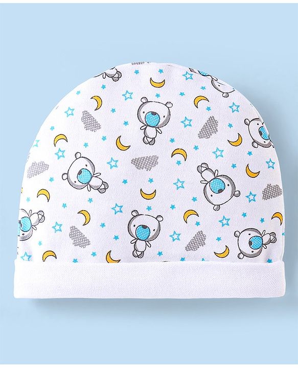 Babyhug 100% Cotton Cap Mittens & Booties Set Teddy Print - White