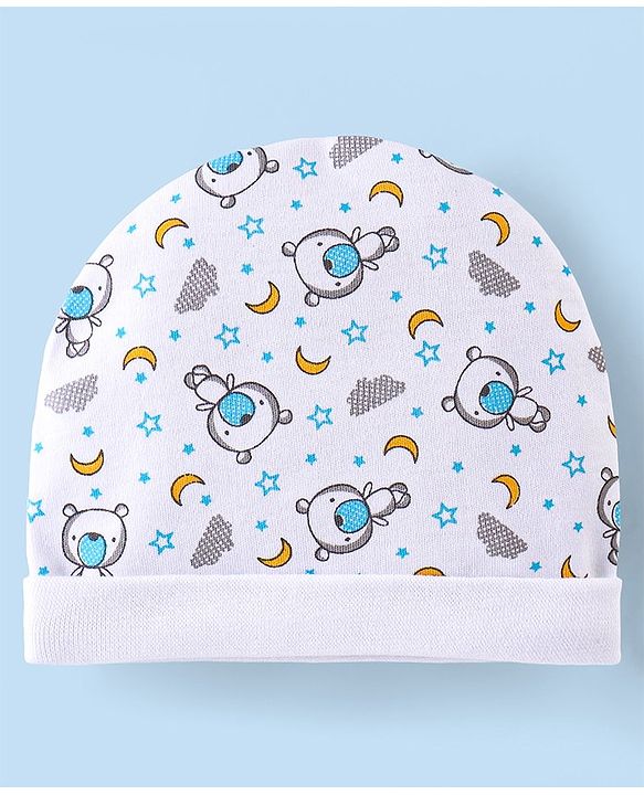 Babyhug 100% Cotton Cap Mittens & Booties Set Teddy Print - White