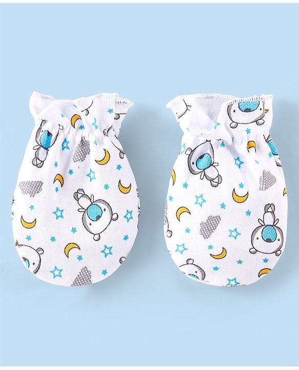 Babyhug 100% Cotton Cap Mittens & Booties Set Teddy Print - White
