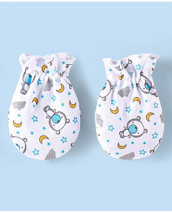 Babyhug 100% Cotton Cap Mittens & Booties Set Teddy Print - White