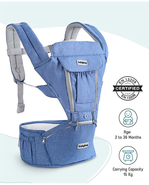 Babyhug Cherish 5-in-1 Hip Seat Baby Carrier:  Ergonomic design with padded straps, Breathable fabric, Foldable head support, storage pockets, and 5 carrying positions for babies up to 15 kg-Grey