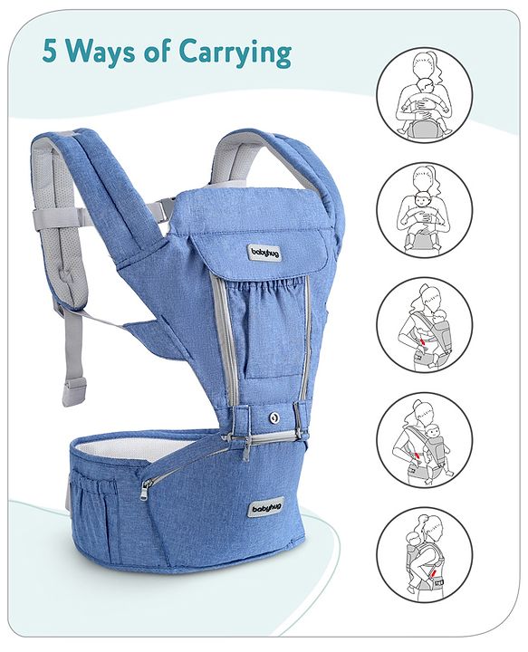 Babyhug Cherish 5-in-1 Hip Seat Baby Carrier:  Ergonomic design with padded straps, Breathable fabric, Foldable head support, storage pockets, and 5 carrying positions for babies up to 15 kg-Grey