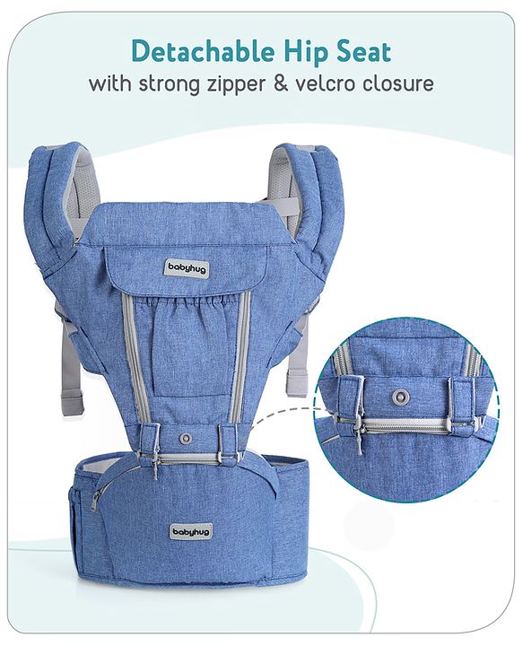 Babyhug Cherish 5-in-1 Hip Seat Baby Carrier:  Ergonomic design with padded straps, Breathable fabric, Foldable head support, storage pockets, and 5 carrying positions for babies up to 15 kg-Grey