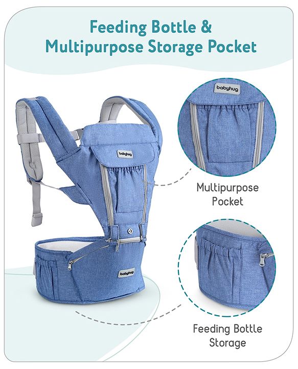 Babyhug Cherish 5-in-1 Hip Seat Baby Carrier:  Ergonomic design with padded straps, Breathable fabric, Foldable head support, storage pockets, and 5 carrying positions for babies up to 15 kg-Grey