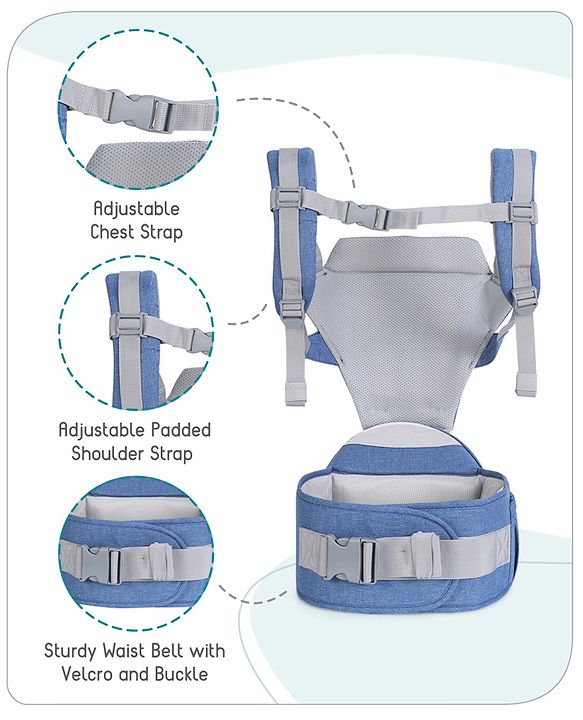 Babyhug Cherish 5-in-1 Hip Seat Baby Carrier:  Ergonomic design with padded straps, Breathable fabric, Foldable head support, storage pockets, and 5 carrying positions for babies up to 15 kg-Grey
