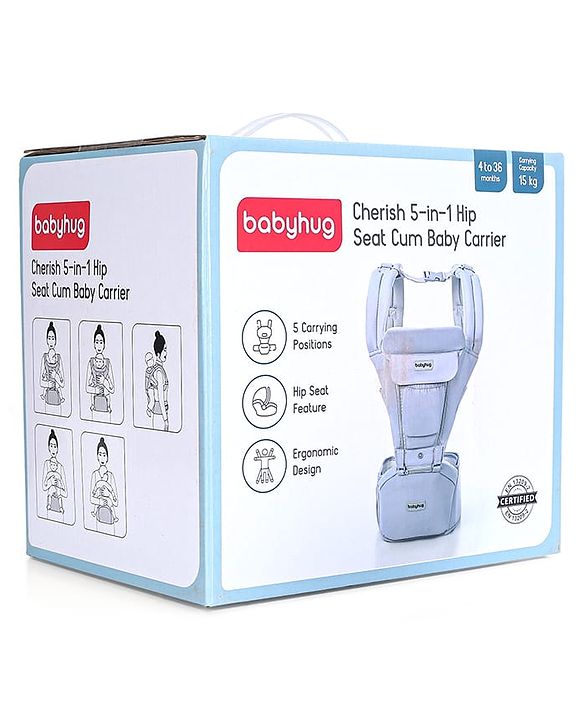 Babyhug Cherish 5-in-1 Hip Seat Baby Carrier:  Ergonomic design with padded straps, Breathable fabric, Foldable head support, storage pockets, and 5 carrying positions for babies up to 15 kg-Grey