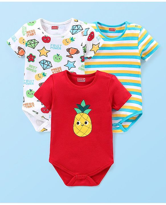 Babyhug 100% Cotton Knit Half Sleeves Onesies with Stripes & Watermelon Print Pack of 3 - Red Yellow & White