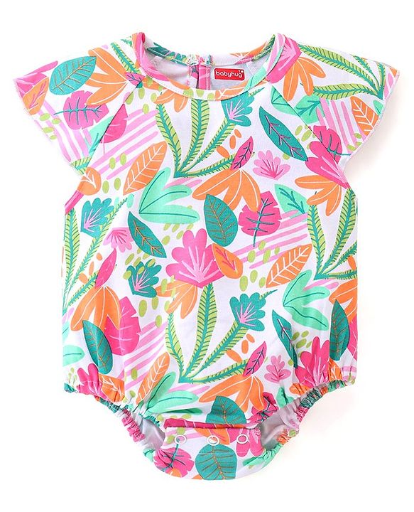 Babyhug 100% Cotton Knit Raglan Sleeves Onesie With Floral Print - Multicolor
